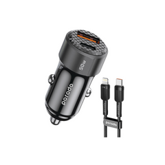 Porodo 50W Dual Port Car Charger PD 20W QC 30W with C to L Cable - Black