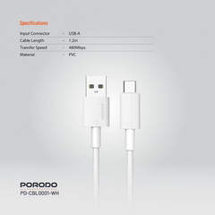 Porodo USB-A to Type-C Durable Charging Cable - White