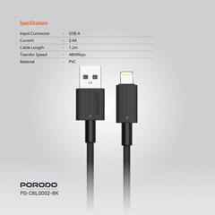 Porodo USB-A to Lightning Durable Charging Cable - Black