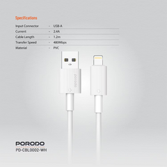 Porodo USB-A to Lightning Durable Charging Cable - White