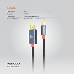 Porodo Woven Cable Type-C to HDMI - Black