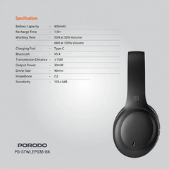 Porodo Soundtec Primo Wireless Headphone ENC & Low-Latency Gaming Mode - Black