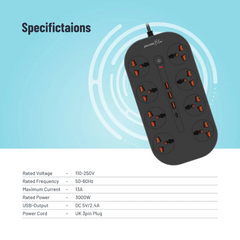 Porodo Blue FWC035 8 AC Power Strip Universal Sockets 3000W 3M 9.8FT