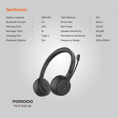 Porodo Office Wireless Headset 20h Working Time Type-c -Black