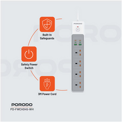 Porodo 4AC 65W 3000W Power Strip-White