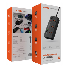 Porodo 3 AC 4 USB-A & USB-C PD 20W Multi-Port Super Hub 2M UK - Black