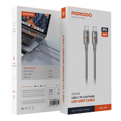 Porodo Usb-C To Lightning Led Light Cable 1.2M-Grey