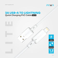 3A USB-A TO Lightning Quick Charging PVC Cable PW122 | White
