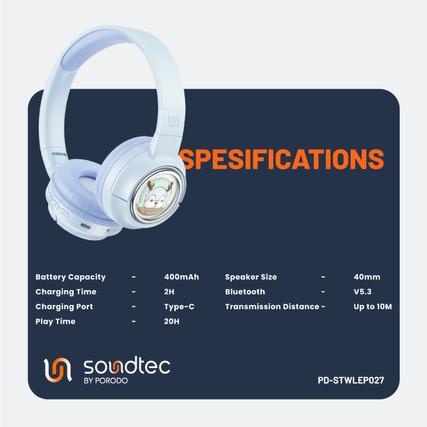 Porodo Soundtec Moose Wireless Kids Headphone - Blue