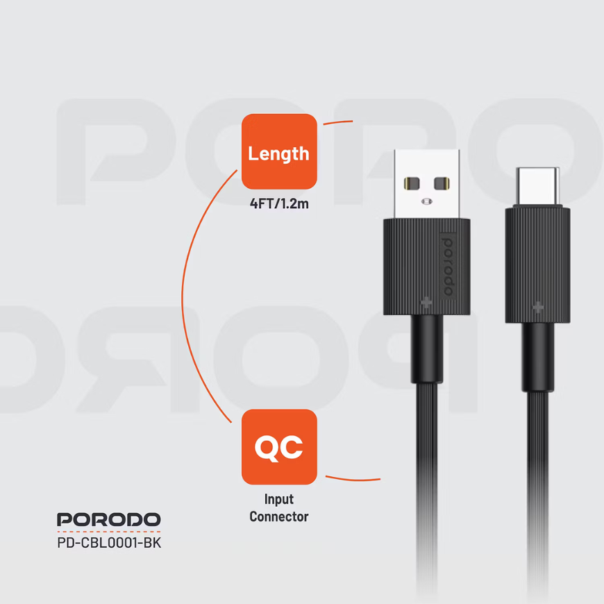 Porodo USB-A to Type-C Durable Charging Cable - Black