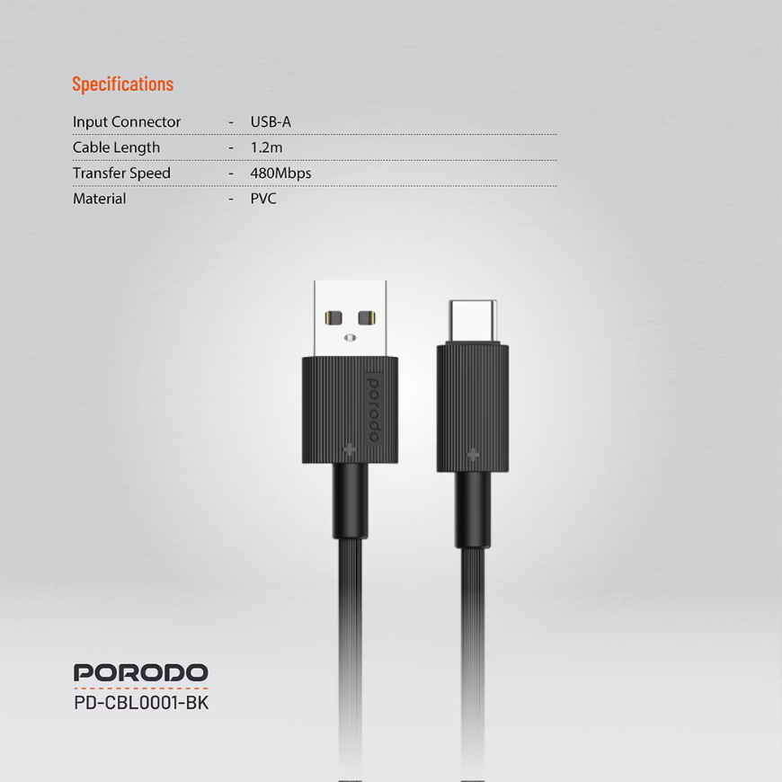 Porodo USB-A to Type-C Durable Charging Cable - Black