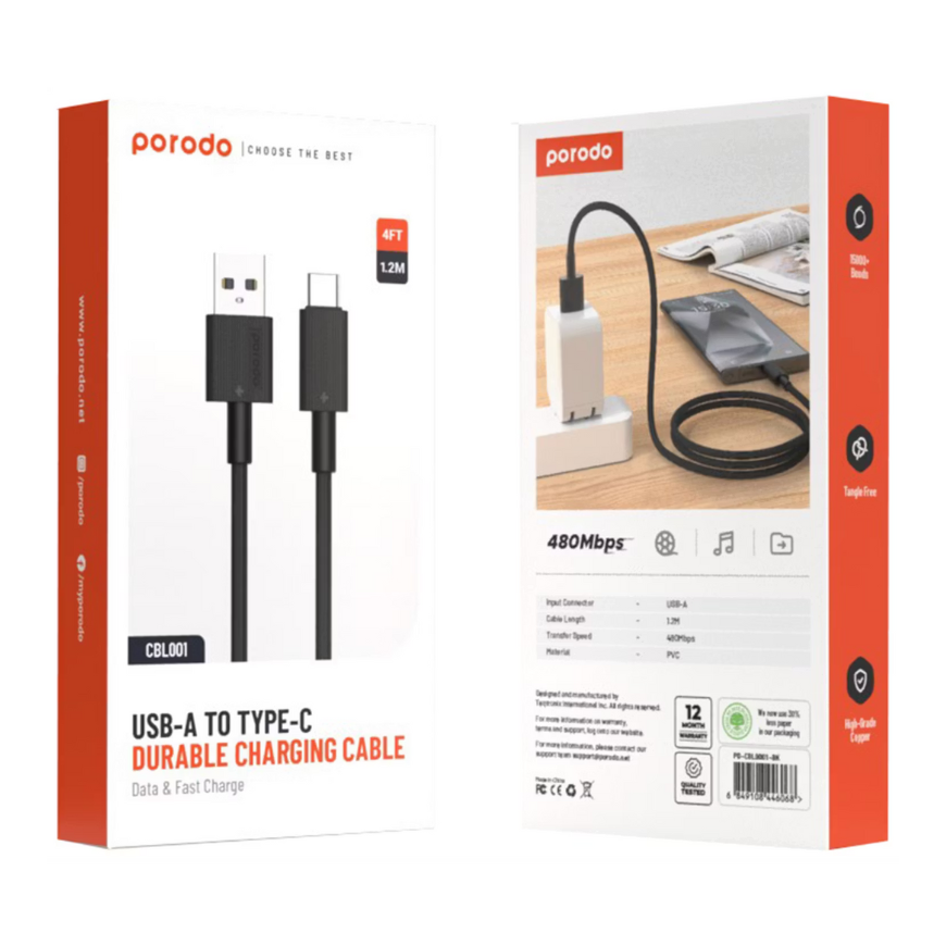 Porodo USB-A to Type-C Durable Charging Cable - Black