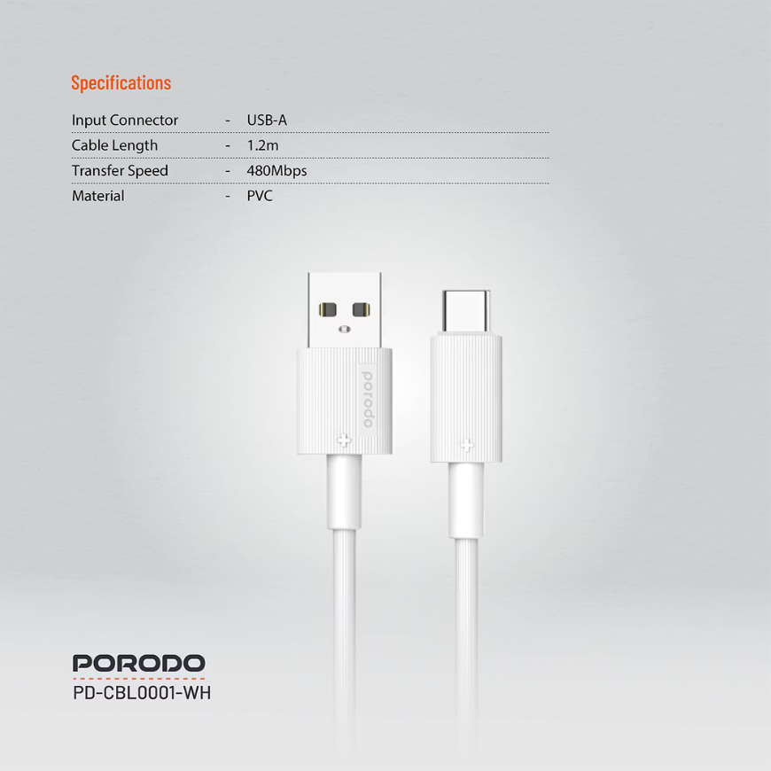 Porodo USB-A to Type-C Durable Charging Cable - White