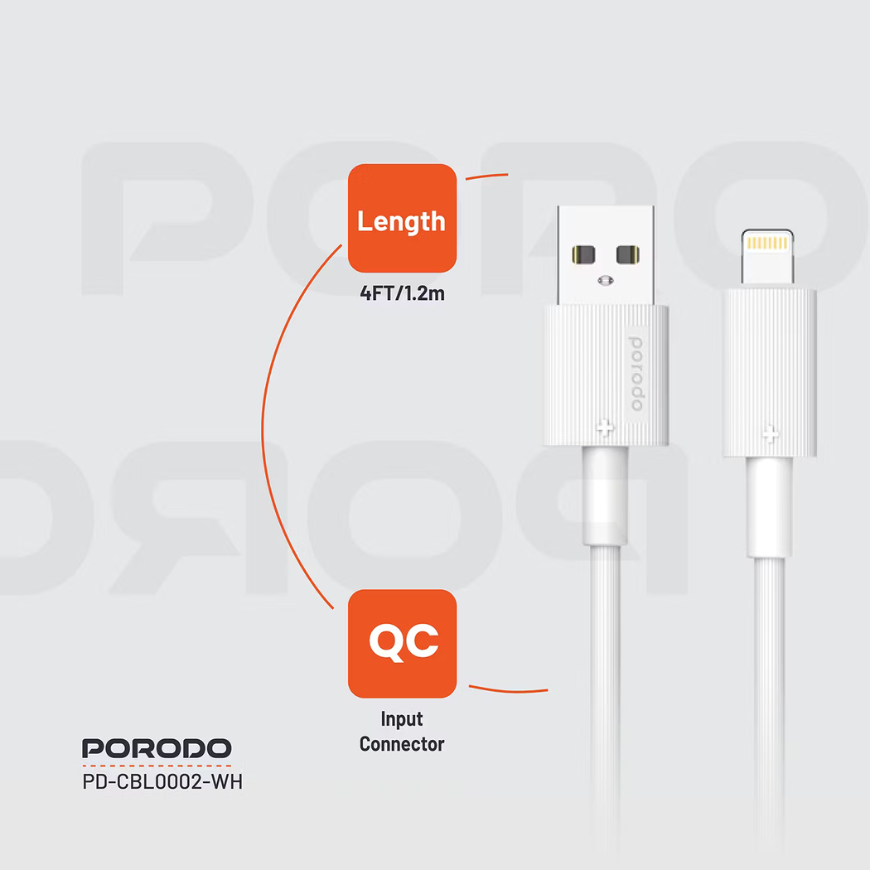 Porodo USB-A to Lightning Durable Charging Cable - White