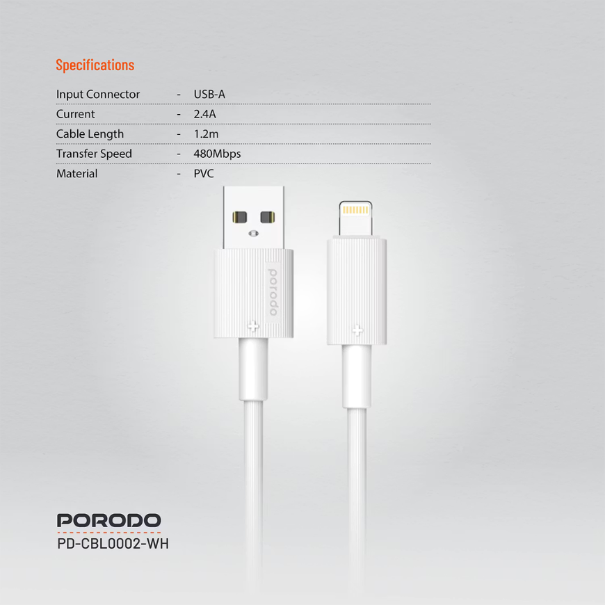Porodo USB-A to Lightning Durable Charging Cable - White