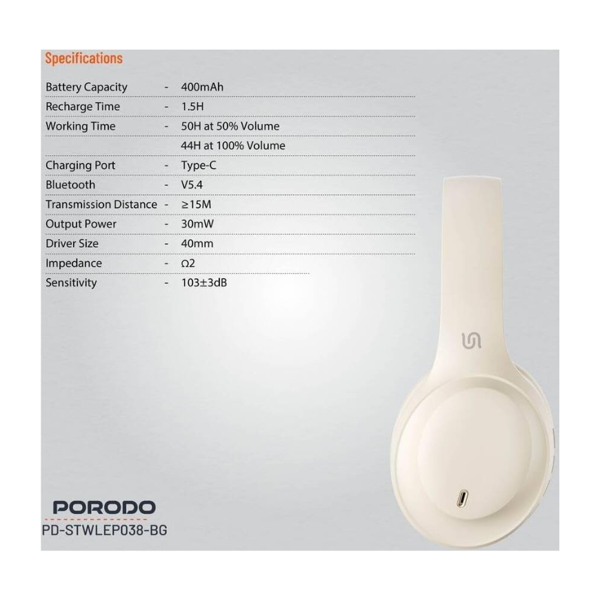 Porodo Soundtec Primo Wireless Headphone ENC & Low-Latency Gaming Mode - Beige