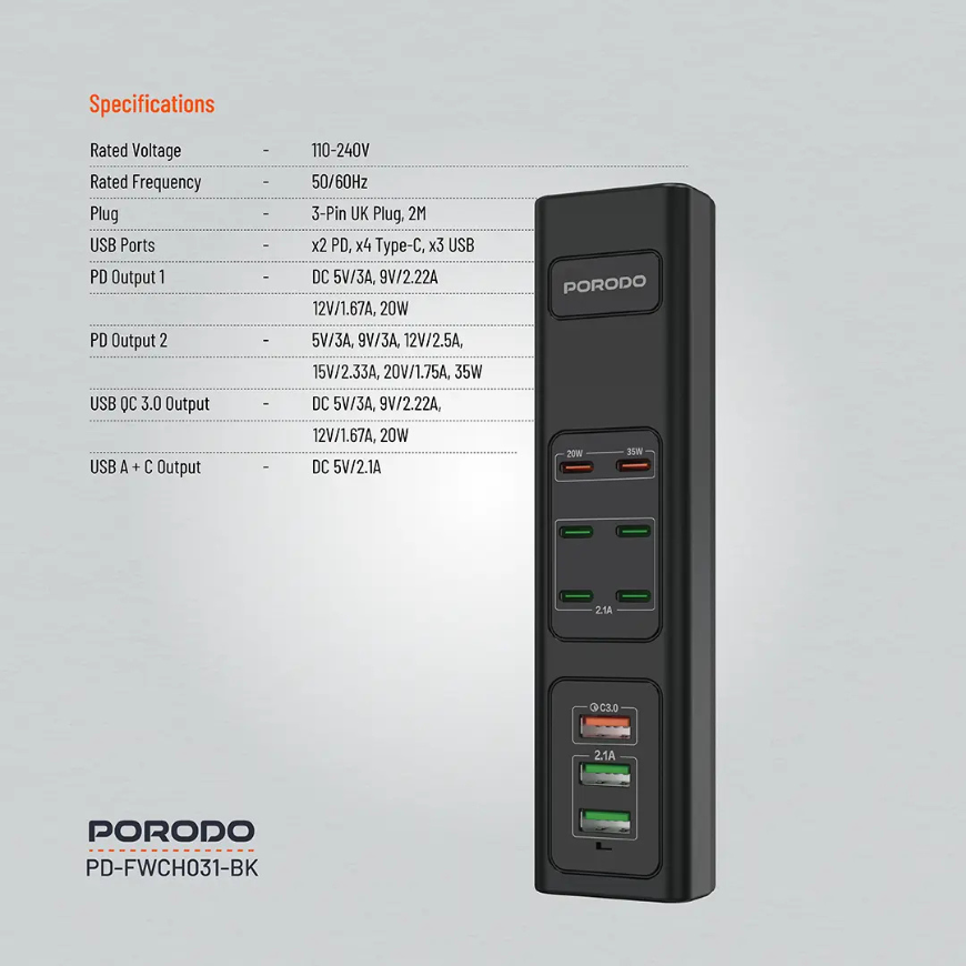 Porodo FWC031 85W Multi-Port USB Charging Hub - Black