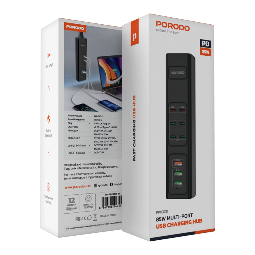 Porodo FWC031 85W Multi-Port USB Charging Hub - Black