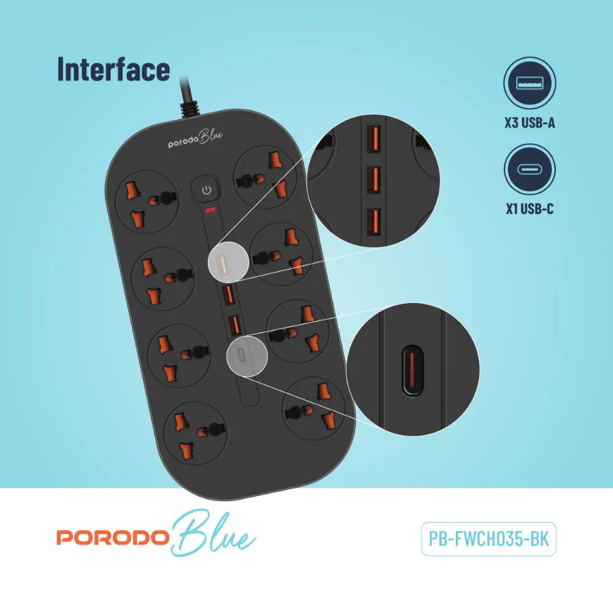 Porodo Blue FWC035 8 AC Power Strip Universal Sockets 3000W 3M 9.8FT