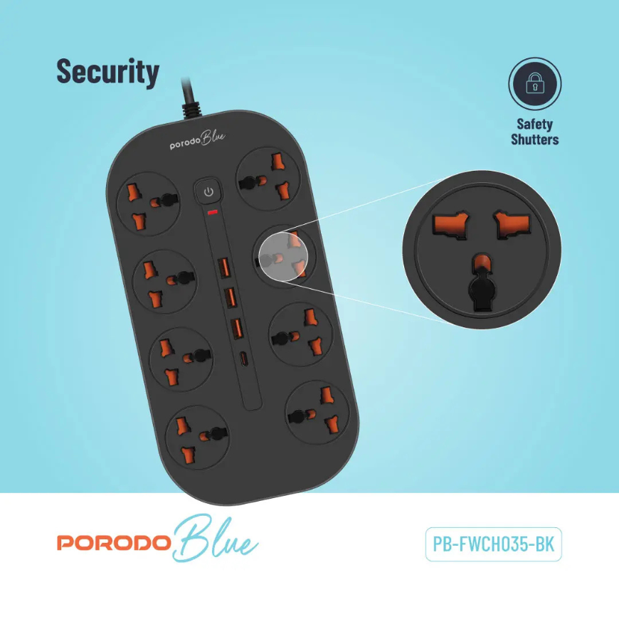 Porodo Blue FWC035 8 AC Power Strip Universal Sockets 3000W 3M 9.8FT