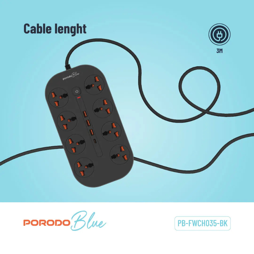 Porodo Blue FWC035 8 AC Power Strip Universal Sockets 3000W 3M 9.8FT