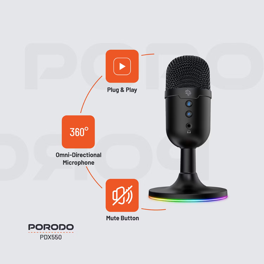 Porodo Gaming Pdx550 Omni-Directional Usb Microphone Stream Conference Podcast-Black