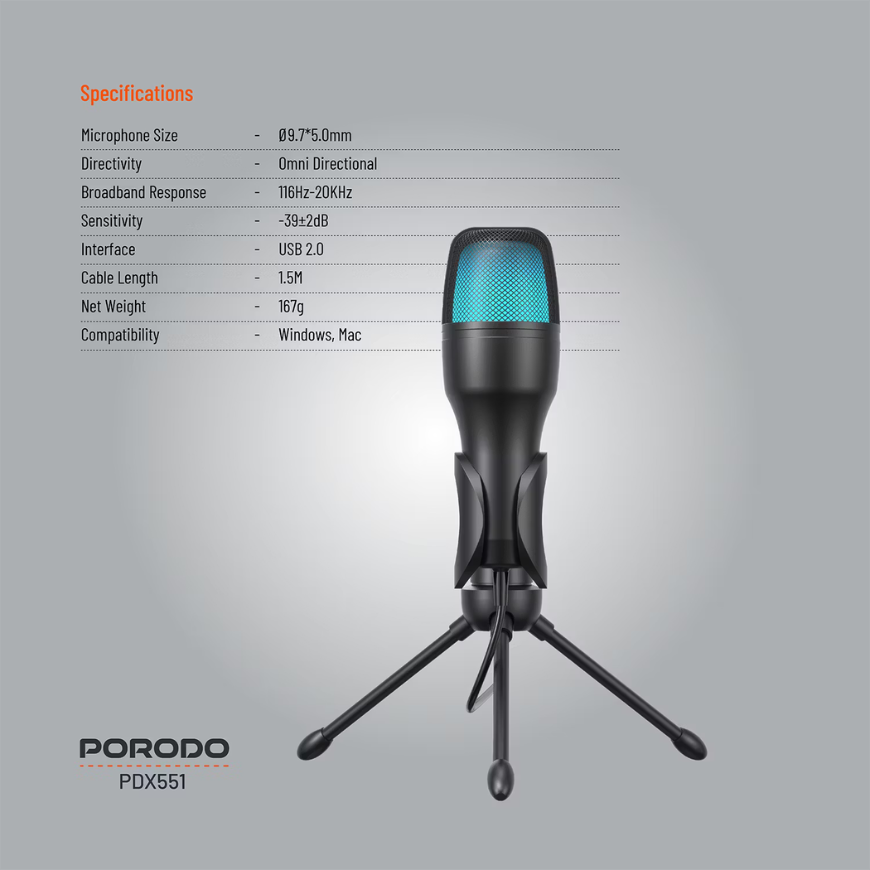 Porodo Gamig Pdx551 Condenser Microphone Streaming,Podcasting,Recording-Black