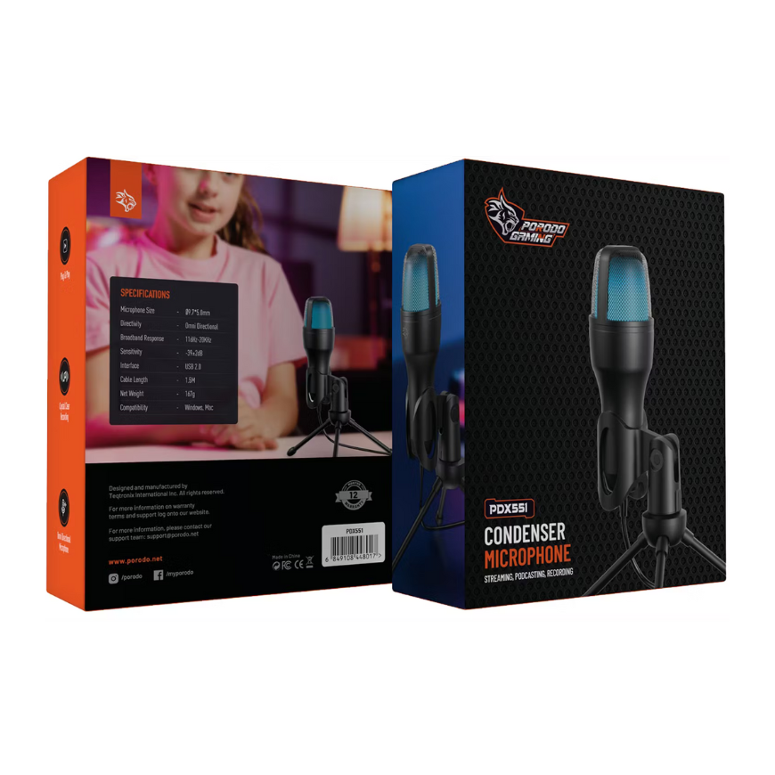 Porodo Gamig Pdx551 Condenser Microphone Streaming,Podcasting,Recording-Black