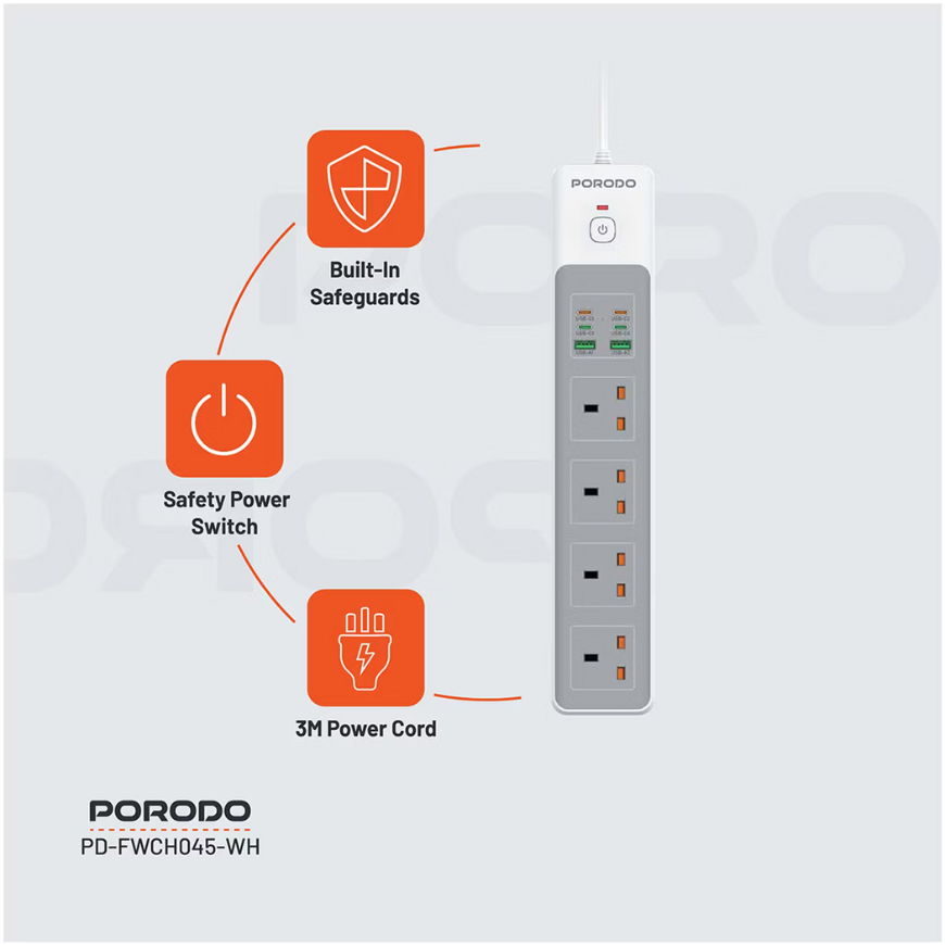 Porodo 4AC 65W 3000W Power Strip-White