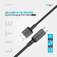 Pawa Lite 3A USB-A to MICRO Quick Charging PVC Cable 1.2M PW122 - Black, White