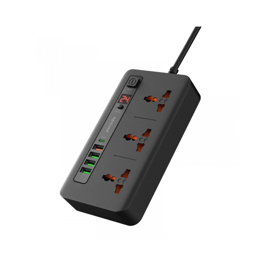 Porodo 3 AC 4 USB-A & USB-C PD 20W Multi-Port Super Hub 2M UK - Black