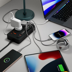 Porodo 3 AC 4 USB-A & USB-C PD 20W Multi-Port Super Hub 2M UK - Black