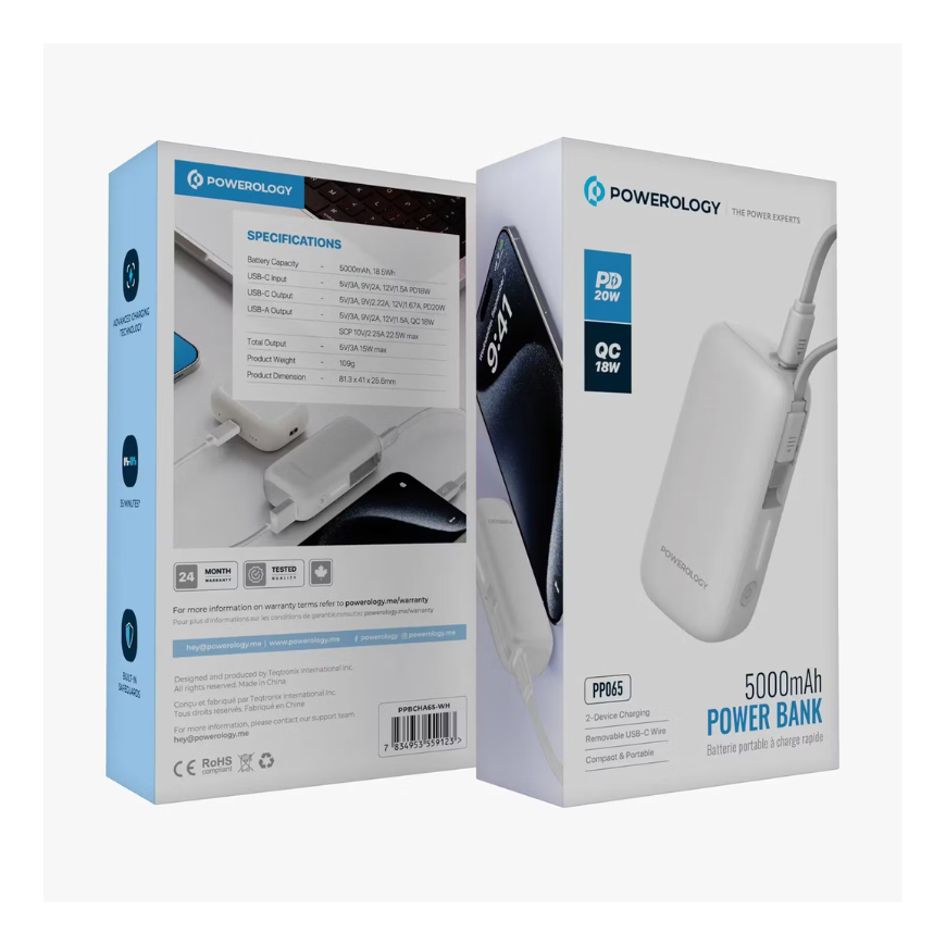 Powerology PD 20W QC 18W PP065 5000mAh power Bank - White