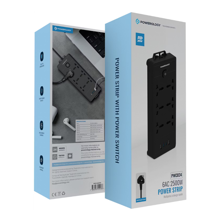 Powerology 6AC 2500W Power Strip - Black