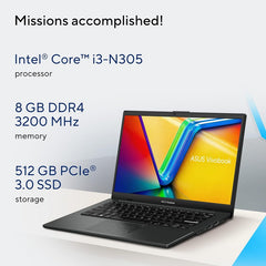 Asus Vivobook Go 14 Laptop, Intel Core i3, 8GB RAM, 256GB SSD, Intel UHD Graphics, 14-inch, Windows 11 Home, E1404GA-NK039W - Silver